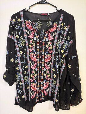 Johnny Was Black Embroidered Boho Blouse